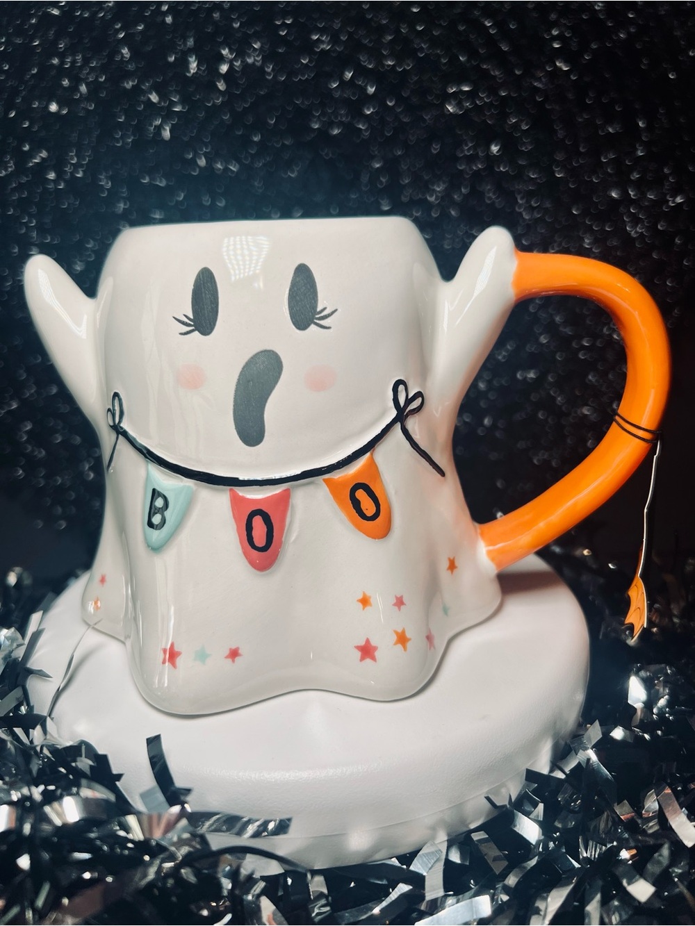Halloween Ghost Ceramic Mug w/Boo Flag Banner Orange Handle Stars